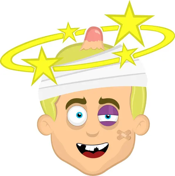 stock vector vector illustration face man cartoon blonde and blue eyes, injured with bandages on his head, a black eye, a bump, seeing stars and broken teeth