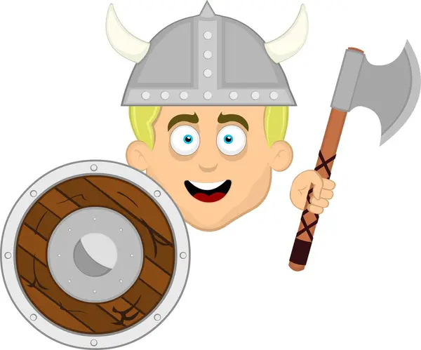 stock vector vector illustration face man cartoon blonde eyes with a helmet with horns, a shield and a viking axe