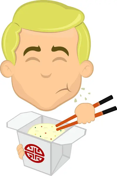 stock vector vector illustration face man cartoon blonde, eating chinese food in a cardboard box of rice with chopsticks