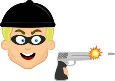 Vektör çizimi adam çizgi film karakteri sarışın ve mavi gözlü, maskeli ve hırsız şapkalı, tabancayla ateş eden
