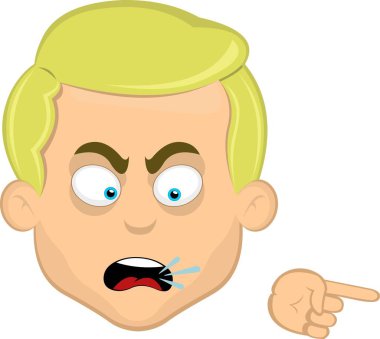 vector illustration face man cartoon blonde and blue eyes, with a gesture of the index finger of the hand accusing and condemning clipart