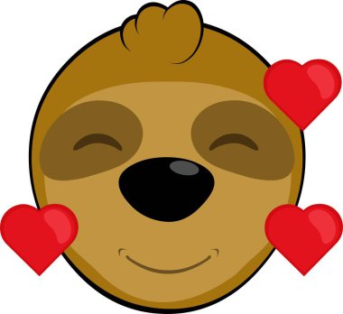 Vektör İllüstrasyon Yüzü Ayı Tembel Hayvan çizgi filmi, bir neşe ve aşk ifadesi ile, kalpleri ile çevrili