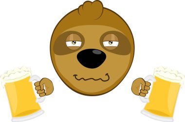 Vektör illüstrasyon yüzü. Tembel hayvan çizgi filmi. Elinde bira bardaklarıyla sarhoş.