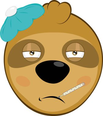 Vektör illüstrasyon yüzü tembel hayvan çizgi filmi, ağzında bir termometre ve kafasında bir torba suyla hasta.