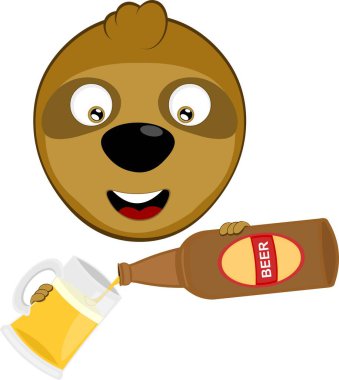 Vektör illüstrasyon yüzü tembel hayvan karakteri çizgi filmi, bardağa bir şişe bira dökülüyor.