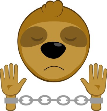 vector illustration face bear sloth character animal cartoon, slave or prisoner handcuffed with chains clipart