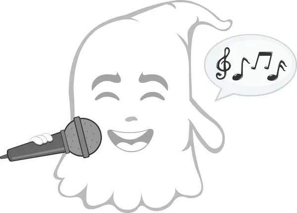 stock vector vector illustration character ghost cartoon, singing with a microphone in hand, a speech bubble and musical notes