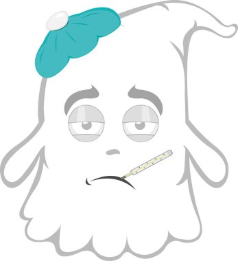 vector illustration character ghost cartoon, sick with a thermometer in his mouth and a bag of water on his head clipart