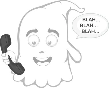 Vektör illüstrasyon karakteri hayalet karikatürü, telefonda konuşma balonu ve metin vs.