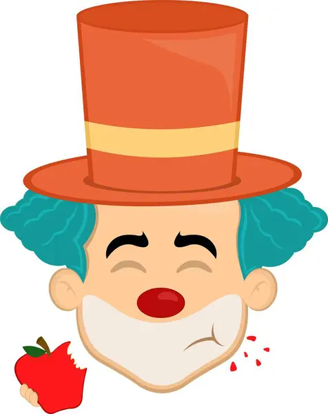 stock vector vector illustration face character clown cartoon, eating red apple fruit