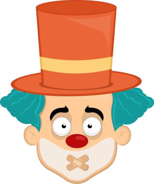 Vektör illüstrasyonu, çenesini kapatma ya da sessiz kalma kavramında ağzında yapışkan şeritlerle karakterli palyaço karikatürü ile karşı karşıya.