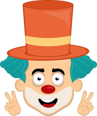 Vektör illüstrasyon karakterli palyaço çizgi filmiyle karşılaşıyor. Elleri klasik sevgi ve barış hareketi yapıyor. Ya da zafer.