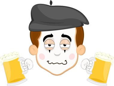 Vektör çizimi, elinde bira bardaklarıyla sarhoş bir sokak sanatçısı mime çizgi filmi karakteri.