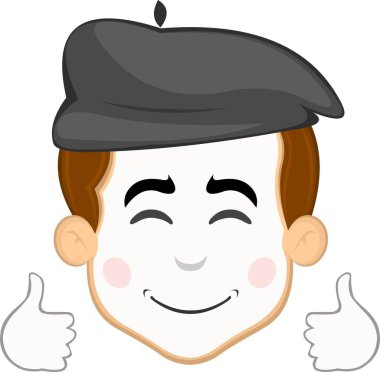 Vektör illüstrasyon, sokak sanatçısı pandomimci çizgi film karakteri, mutlu bir ifadeyle ve parmakları havada elleriyle