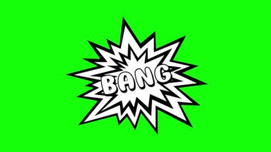 Video animasyon onomatopoeia patlama siyah beyaz çizim metin. Yeşil krom anahtar arka planında