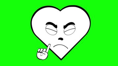 video drawing animation cartoon heart character with a hand saying no gesture, drawn in black and white color. On a green chroma key background