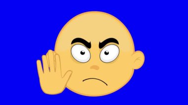 Video animasyon emoji sarı karakter karikatürü, mavi renkli anahtar arka planda, eliyle bir dur hareketi yapıyor.