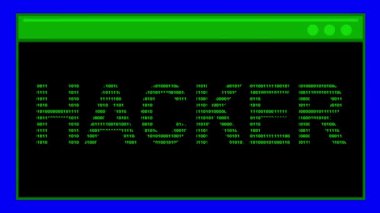 0 ve 1 ikili kod sistemi ile dizayn edilmiş hacker metni ile video animasyon terminali CMD istemcisi. Mavi krom anahtar arka planında