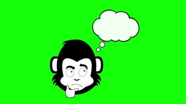 Video animasyon simgesi, maymun ya da şempanze karakteri çizgi filmi, eli çenesinde olan, şüpheli ya da düşünen bir ifade ve soru işaretli bir düşünce bulutu, siyah ve beyaz renklerle çizilmiş. Yeşil krom anahtar arka planında