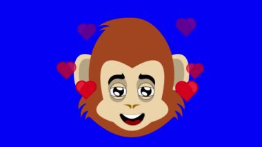 video animasyon yüz ifadesi maymun ya da şempanze karakter çizgi filmi, sevginin ifadesi ve kalplerle çevrili. Mavi krom anahtar arka planında