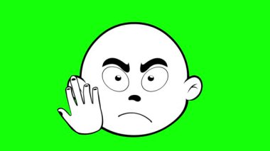 video drawing animation emoji character cartoon, with his hand making a fuck you gesture, drawn in black and white color. On a green chroma key background