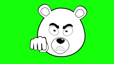 Animasyon yüz çizgi film karakteri Grizzly Bear karakteri, kızgın bir ifade ve yumruk tokuşturma eli, siyah beyaz çizilmiş. Yeşil krom anahtar arka planında