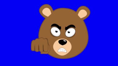 Video animasyon emoji yüz boz ayı karakteri karikatürü, kızgın bir ifade ve yumruk tokalaşması eli, mavi renkli anahtar arka planda