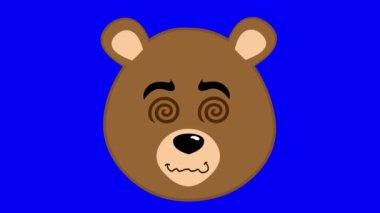 Video animasyon yüz ifadesi boz ayı karakteri çizgi filmi, hipnotize edilmiş ya da spiral gözlerle uyuşturulmuş, alfa kanalı sıfıra ayarlanmış şeffaf bir arkaplanda