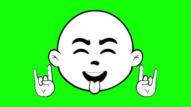Video animasyon emoji karakteri çizgi filmi, klasik heavy metal hareketini yapıyor, elleri ve dilleri dışarı çıkıyor, siyah ve beyaz olarak çiziliyor. Yeşil krom anahtar arka planında