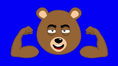 Video animasyon yüzü Boz Ayı karakteri karikatürü, kolların vücut bölümünün pazılarını gösteriyor. Mavi krom anahtar arka planında