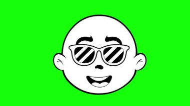 Video animasyon emoji karakteri karikatürü çiziyor, güneş gözlüğü takıyor ve kaşlarını kaldırıyor, siyah-beyaz çiziyor. Yeşil krom anahtar arka planında