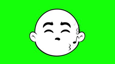 Video animasyon emoji karakteri karikatür çizimi ıslık çalarak dudaklarında notalarla siyah beyaz çizilmiş. Yeşil krom anahtar arka planında