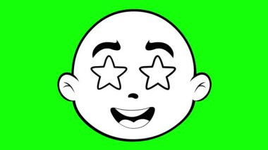 Video animasyon emoji karakteri çizimi, çizgi film çizimi, gözlerinde yıldızlar, siyah beyaz çizimler. Yeşil krom anahtar arka planında