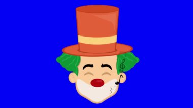 video animasyon emoji yüz palyaço karakteri çizgi film çizimi dudaklarında notalarla ıslık çalıyor, mavi renkli anahtar arka planda.