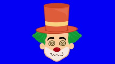 Video animasyon emoji yüz palyaço Joker karakter çizimi, hipnotize edilmiş ya da sarmal şekilli gözler ile uyuşturulmuş, mavi renkli anahtar arka planda