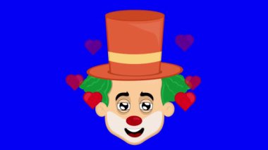 Video animasyon emoji yüz palyaço karakteri çizgi film çizimi, neşe ve aşk ifadesi ile, kalplerle çevrili. Mavi krom anahtar arka planında