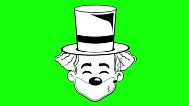 Animasyon emojisi çizen palyaço suratlı palyaço karakteri çizen karikatür çizimi. Dudaklarında notalarla ıslık çalan, siyah beyaz çizilmiş. Yeşil krom anahtar arka planında