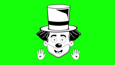 Animasyon emojisi çizen palyaço suratlı palyaço çizgi film karakteri çizimi, el hareketleriyle, siyah beyaz çizilmiş. Yeşil krom anahtar arka planında