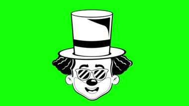 Animasyon emojisi çizen palyaço suratlı palyaço çizgi film karakteri çizimi, güneş gözlüğü takan ve kaşlarını kaldıran siyah beyaz çizimler. Yeşil krom anahtar arka planında