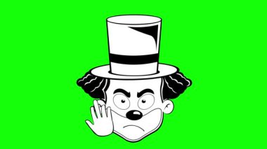 video drawing animation emoji face joker clown character illustration cartoon, with his hand making a fuck you gesture, drawn in black and white color. On a green chroma key background