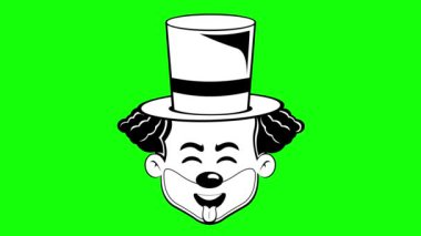 Animasyon emojisi çizen palyaço çizgi film karakteri çizimi dilini çıkarıp gözlerini kapatıyor, siyah ve beyaz renklerle çiziyor. Yeşil krom anahtar arka planında