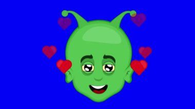 Video animasyon karakteri uzaylı, dünya dışı ya da goblin çizgi filmi, bir neşe ve aşk ifadesi, kalp sembolü ile çevrili, mavi renkli anahtar arka plan