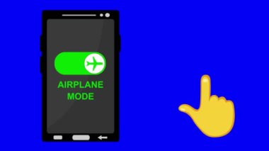 video animasyon el çizimi çizimi resimleme akıllı telefon ya da cep telefonu aygıtı üzerinde, mavi krom anahtar arka planda uçak modu düğmesi