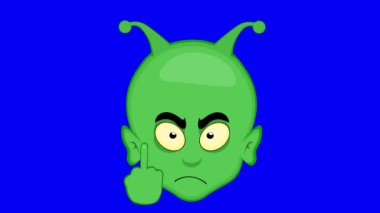 video animation face character alien, extraterrestrial or goblin cartoon, with his hand making a fuck you gesture, on a blue chroma key background