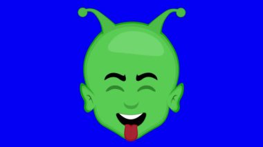 Video animasyonu uzaylıyla, uzaylıyla ya da Goblin çizgi filmiyle yüzleşir. Dilini çıkarır ve gözlerini kapatır. Mavi renkli anahtar arka planda.
