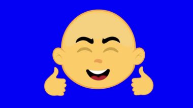 Video animasyonu sarı emoji karakteri çizimi, mutlu bir ifadeyle ve elleri de mavi renkli bir arkaplanda baş parmak işareti ile.