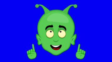 Video animasyonu uzaylıyla, uzaylıyla ya da goblin çizgi filmiyle yüzleşir, gözlemler yapar ve elleri yukarıda mavi renkli anahtar arka planda olur.