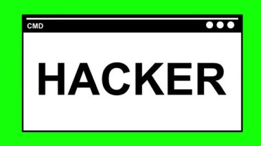 bilgisayar yazılım sistemini hackleme kavramına sahip hacker metni ile birlikte yeşil krom anahtar arkaplan üzerindeki video animasyonu siyah-beyaz CMD terminal istemcisi
