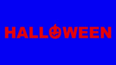 Video animasyonu kırmızı cadılar bayramı metni mavi renkli anahtar arkaplanda balkabağı var.