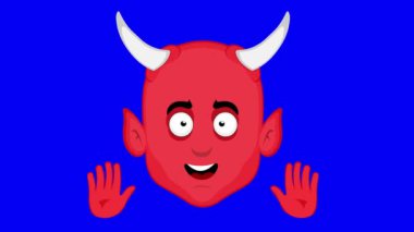 Video animasyon emoji iblis karakter çizgi film çizimi, el sallayarak hareket, mavi renk anahtar arka plan